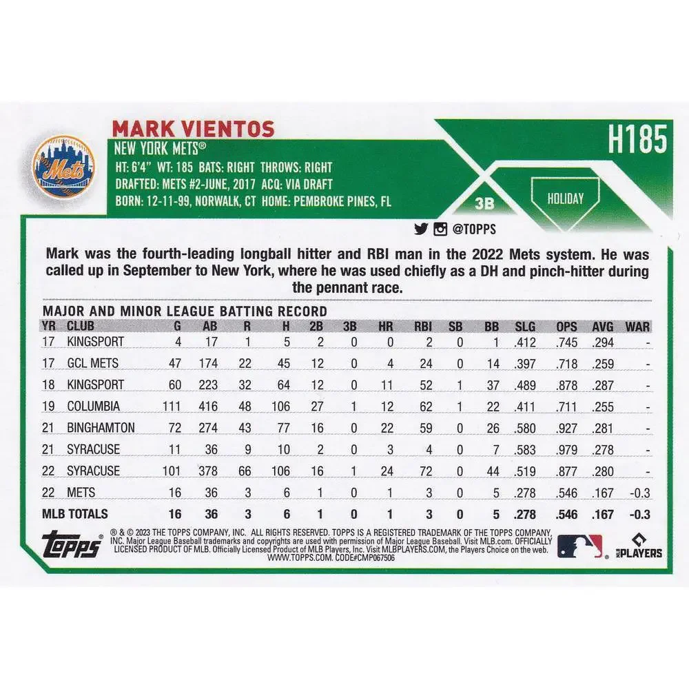 2023 Topps Holiday Mark Vientos RC H185 New York Mets